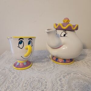 Disney Mrs. Potts & Chip Ceramic Teapot and Cup - White, Pink, Yellow